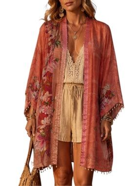 NWT Sapphire Coral Floral Sheer Beaded  Kimono Boho Chic Open Cardigan Medium